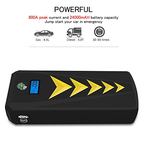 PEMENOL 24000mAh Car Jump Starter 800A Peak (up to 6.5L Gas, 5.0T/5.2L Diesel Engine) Portable Auto Battery Booster Jumper with Dual Smart Charging Ports, LED SOS Flashlight, Compass, Safety Hammer
