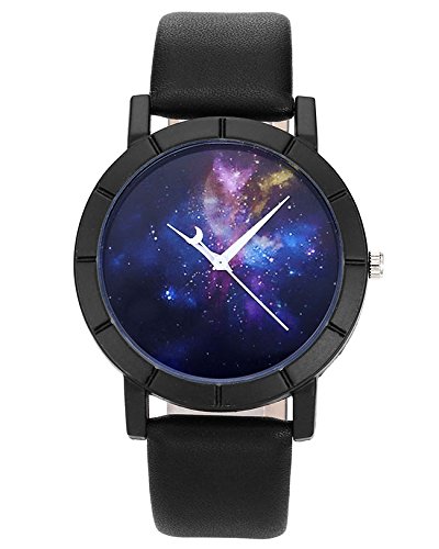 JSDDE Montre Femme Cadran de Ciel d\'étoiles Multicolore Aiguille Lune Bracelet PU Constellation