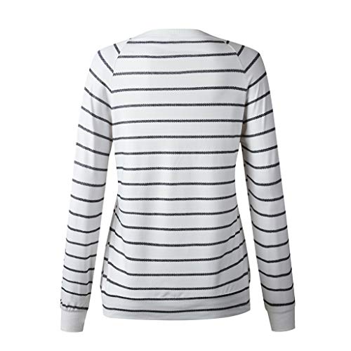 Sanyyanlsy Women's Casual Autumn Stripe Printing Long Sleeve O-Neck Wild Sweatshirt Pullover Tops T-Shirt with Pocket White