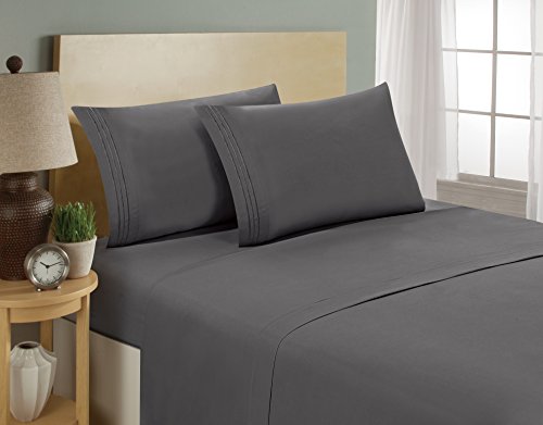 1800 Series Egyptian Collection 3 Line Microfiber 4 Piece Bed Sheet Set (Full, Grey)