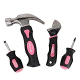 Apollo Tools DT0240P Stubby Tool Set in Pink, 4-Piece, with Hammer, Screwdrivers and Adjustable Wrench