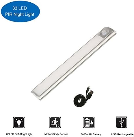 under cabinet lights Rechargeable Motion Sensor Safe Lights with Wireless Luxury Aluminum Night Lighting for Kitchen Cabinet，Stairs, Wardrobe, 2 Sensor Mode (Only Motion , Motion &amp; Light) (33LED)