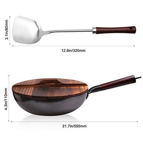 Carbon Steel Wok, Stir Fry Pan Flat Bottom Pan, Iron Wok with lid, for