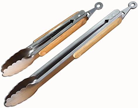 Kitchen Tongs, 12-Inch and 9-Inch Grill Tongs BBQ Tongs Stainless Steel Tongs for Cooking with Locking Head and Bamboo Handle for Barbecue Grilling - Set of 2
