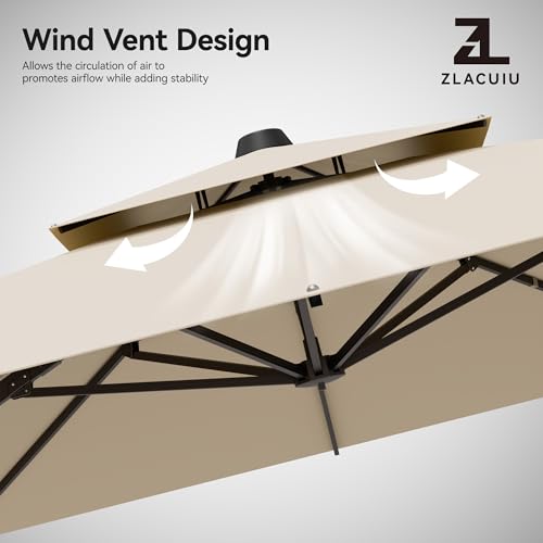 ZLACUIU 9x12FT Beige Cantilever Outdoor Patio Umbrella with Base, Large Rectangular Offset Design, Double Top Heavy Duty Aluminum Frame & 360° Rotation for Pool Garden Deck Backyard