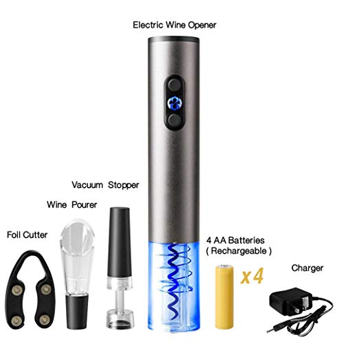 Elabo Electric Wine Opener - Electric Cordless Corkscrew Bottle Opener with Foil Cutter, Vacuum Stopper, Wine Pourer, Charger and 4 AA Rechargeable Batteries