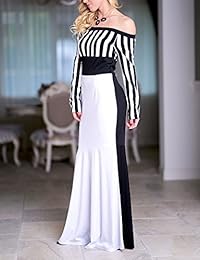 verwin Off hombro Bodycon mujer Maxi vestido de manga larga de cola piso-longitud rayas vestido