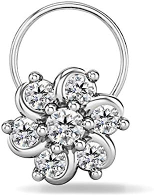 Diamond Scotch Cubic Zirconia Cluster Flower Nose Ring Stud Ring 14K White Gold Over Piercing Jewelry (20 Gauge)