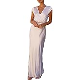 Summer Satin V Neck Wrap Maxi Dress for Women 2026 Elegant Silk Cap Sleeve Wedding Guest Dresses