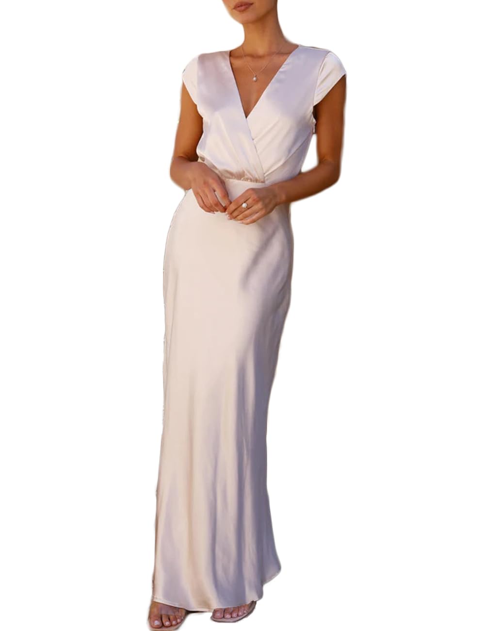 Photo 1 of Summer Satin V Neck Wrap Maxi Dress for Women 2026 Elegant Silk Cap Sleeve Wedding Guest Dresses Champagne szie xs