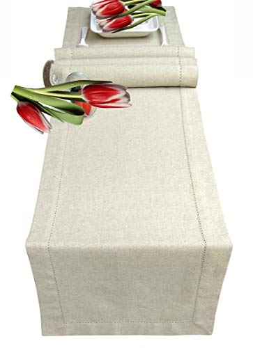 Dining Table Runner Cotton Flax,Table Runner, Farmhouse Table Runner,Rustic Table Runner-16x72-Natural-Hemstitched-Extra 2 inches Wider Than 14 inch Runners-Handcrafted with Hemstitch Detailing
