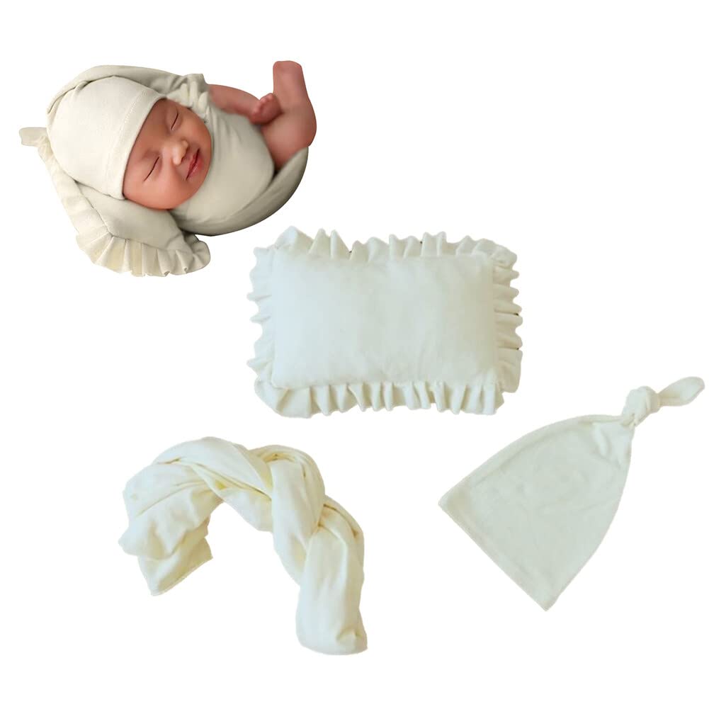 3pcs/Set Newborn Photography Props, Newborn Stretch Swaddle Wrap Blanket Hat and Posing Pillow Prop Baby Newborn Photography Photo Blanket Set for Baby 0-6 Months