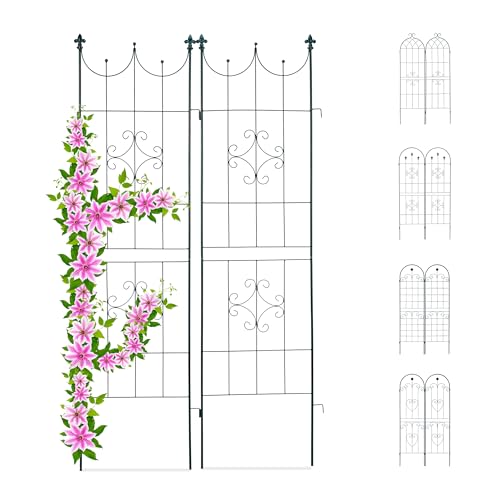 Relaxdays Trellis Set of 2, Metal, 180 x 50 cm, Garden Climbing Aid, Vintage, Ornate Tips, Freestanding, Dark Green
