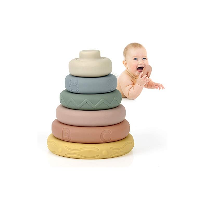 Mini Tudou 6 Pcs Stacking & Nesting Circle Toy,Soft Building Rings Stacker & Teethers,Squeeze Play with Early…