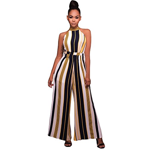 Women's Sleeveless Jumpsuit Turtleneck Stripes Playsuit High Waist Flared Jumpsuits Rompers Pant(Yellow,M)