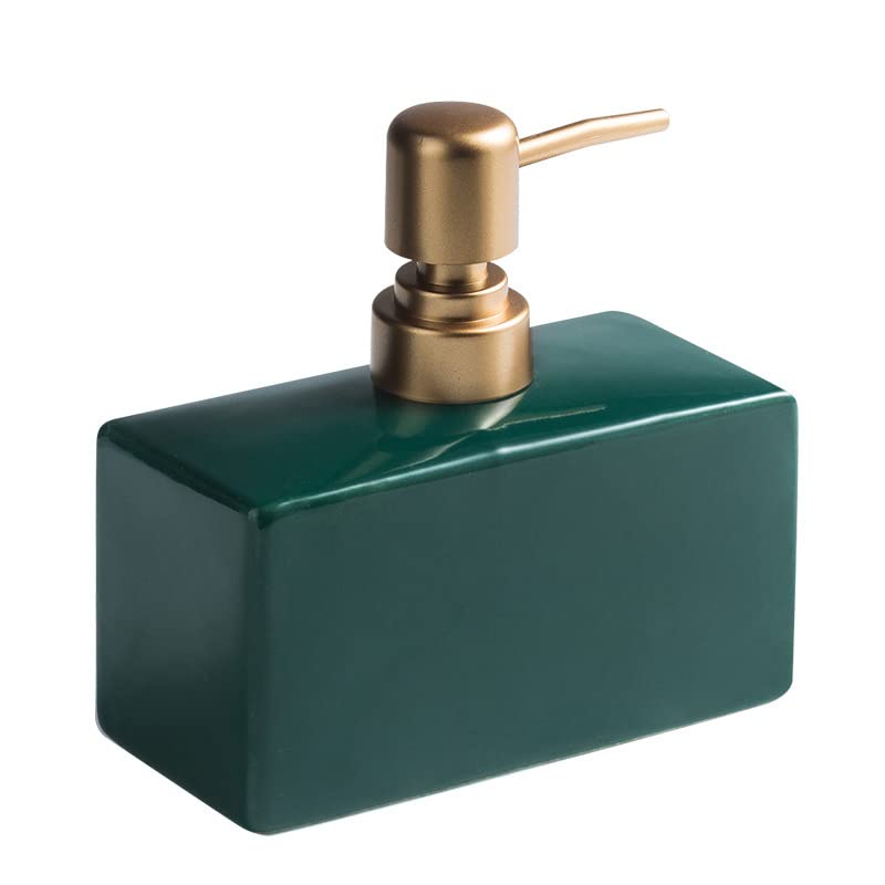 Modern Soap Dispenser with Matte Golden Pump for Bathroom, 13.5 oz Ceramic Rectangle Lotion Dispenser, Refillable Dish Soap Dispenser (Dark Green)