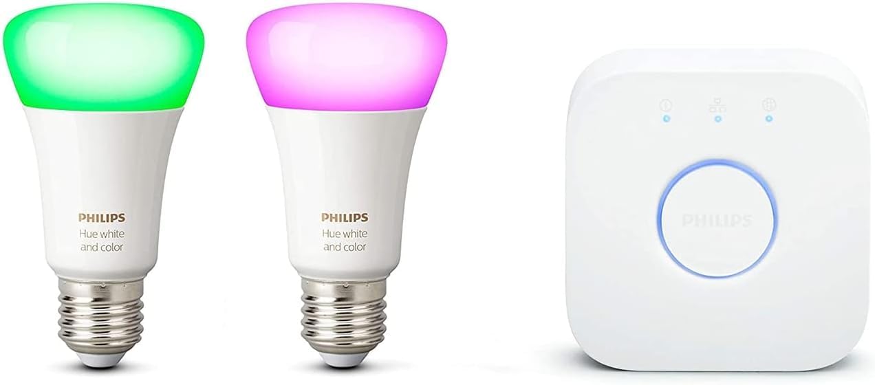 Philips Hue White & Color Ambiance 2er E27 LED Starter Set inkl. Hue Bridge, bis zu 16 Mio. Farben, steuerbar via App, kompatibel mit Amazon Alexa (Echo, Echo Dot)