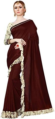 Shonaya Women's Vichitra Silk Foil Printed Ruffle Saree(Brown_Free Size)