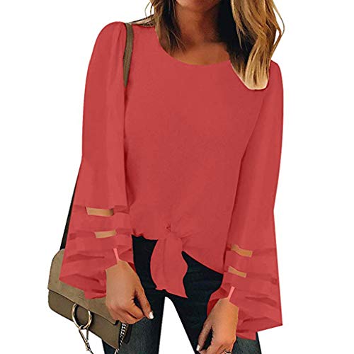 Pongfunsy Women's Summer Tops, Women's 3/4 Bell Sleeve Shirt Loose Casual Mesh Panel Blouse Trendy Patchwork Top 2019 (XL, Red2) - Thumbnail 2