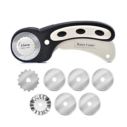 Headley Tools 45mm Rotary Cutter with 6pc 45mm Rotary Blade 1pc 45mm Skip Rotary Blade and 1pc 45mm Wave Rotary Blade (Pack of 9) for Quilting Fabric and Arts & Crafts (Black)