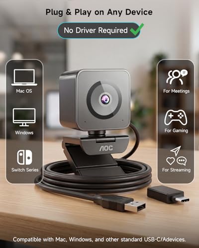 AOC 4K Webcam for PC, 4K/60fps Web Camera with Auto Light Correction, Auto Focus, Privacy Cover, Mic, 75° View, Plug & Play, USB Camera for Laptop, Desktop, Zoom, Skype, Facetime, Conferencing