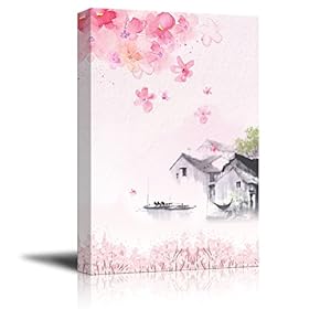 Canvas Wall Art - Traditional Chinese Style Painting of Pink Cherry Blossom and Birds in Spring - Giclee Print Gallery Wrap Modern Home Art Ready to Hang - 12x18 inches