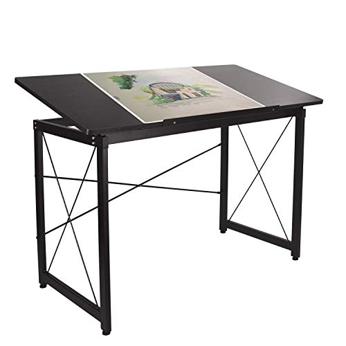 Elevens Tiltable Drawing Desk Drafting Table 47x 24， Wood Surface Craft Station Versatile for Painting Writing Studying and Reading (Black)
