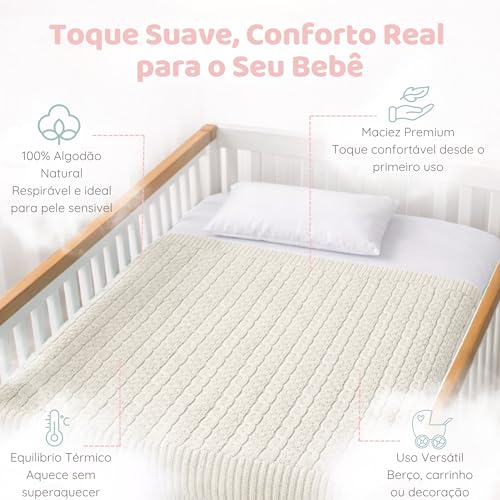 Manta para Bebê em Tricot 100% Algodão Macia, Respirável e Aconchegante Enxoval Luxo Recém-Nascido Menino Menina (Areia)