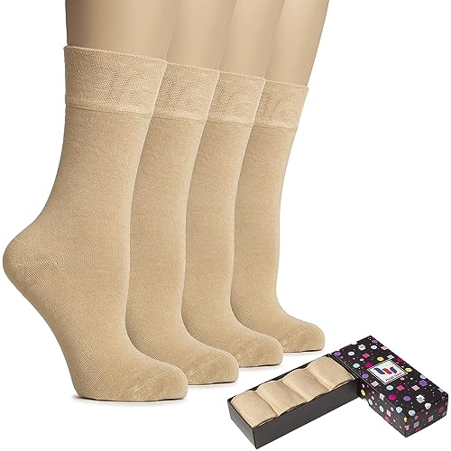 Hugh Ugoli Women's Bamboo Thin Crew Socks for Dress Business & Trouser, Seamless Toe, 4 Pairs in Gift Box, Shoe Size 5-8/8-11