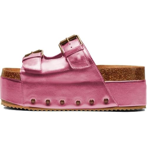Photo 1 of JORISTIMO Women's Cork Flatform Sandals Dual Buckled Band Suede Clogs Platform Slip On Sandals Metallic Pink 8