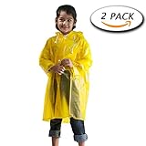 Paxcoo 2 Pcs Kids Reusable Rain Poncho with Hood and Sleeves, Yellow