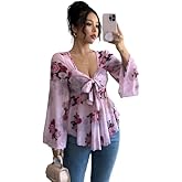 Women's Square Deep V Neck Chiffon Blouse Bow Front Floral Print Bell Sleeve Ruffled Waist Top Casual Dressy Wear
