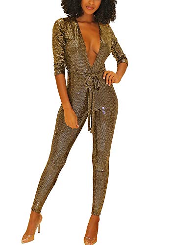 Women Bodycon Romper Jumpsuit - Sexy Long Sleeve Deep V Neck Shiny Wet Look Party Club Night Wear Gold M