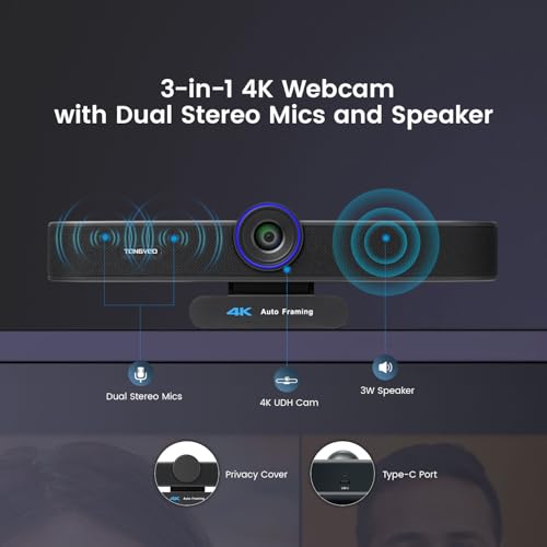 TONGVEO AI Tracking 4K Webcam 5X Zoomable for Conference TV Room System with 4 Mics and Speaker, Computer ePTZ Camera with Remote, Adjustable Wide Angle, for Laptop Mac, Video Call, Zoom
