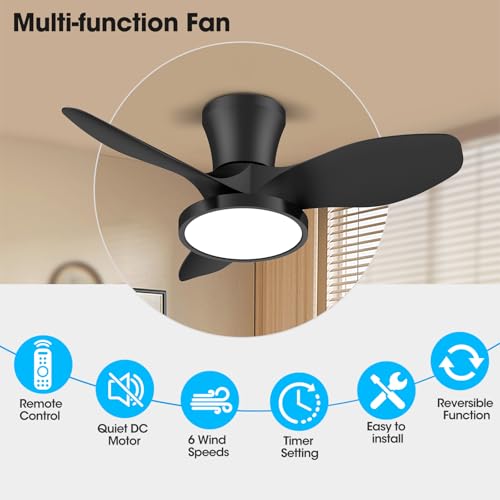 Ocioc Ventilador de techo silencioso con luz LED, motor CC de 32 pulgadas, control remoto de volumen de aire grande para cocina, recámara, comedor y patio
