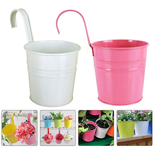 BESPORTBLE Hängetopf Balkon Metall Blumentopf Vase Vintage Blumeneimer Pflanzkübel Pflanztopf zum Hängen Übertopf mit Haken für Garten Balkon Dekoration Wanddeko Rosa Weiß 2 Stück – Bild 5