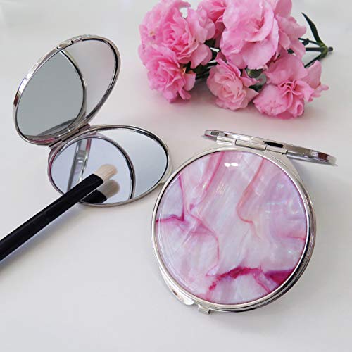 Makeup-Compact-Pocket-Mirror-Mother-of-Pearl-Metal-Round-Double-Sided-Folding-Magnify-Marble-Pink