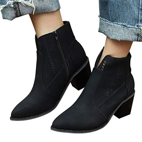 TnaIolral Ladies Boots Heels Solid Hollow Out Vintage Leather Ankle Short Shoes (US:10.5, Black)