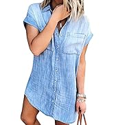 Zilcremo Women Summer Short Sleeve Denim Shirt Dress Jean Dresses Button Down Shirts Top Chambray...
