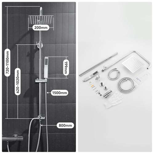 Auralum Shower Column without Mixer, Stainless Steel Shower Column with Riser Rail Adjustable Height 72-110 cm, Shower Rail with Shower Head and Handshower, Ideal Standard Shower Group for Bathtub