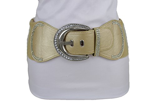 TFJ Women Fashion Wide Western Belt Hip High Waist Stretch Waistband Bling Buckle S M Gold