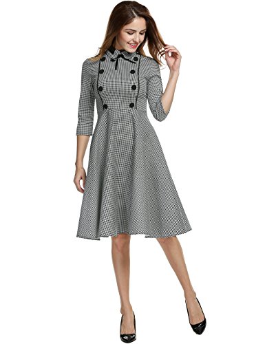 Elegant Vintage 1940 3/4 Sleeve Large Swing Official Plaid Slim Dress ANGVNS Women
