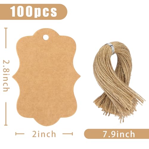 SallyFashion 100PCS Kraft Paper Gift Tags, Blank Gift Bag Tags with String Brown Hanging Price Tags for Wedding DIY Crafts Gifts