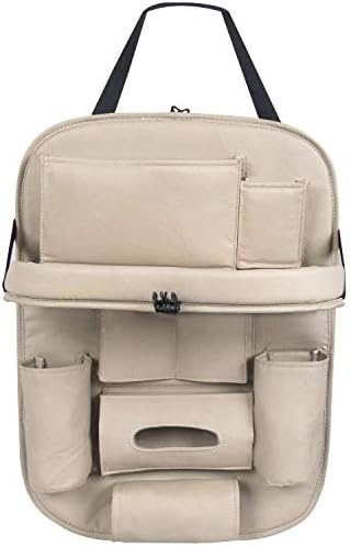 Pivalo PVLFTCOC Universal PU Leather Car Back Seat Organizer with Foldable Table Tray Backseat Bottle Tissue Holder (Beige)