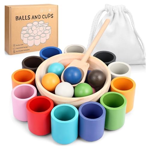 AM ANNA Rainbow Balls in Cups Toddler Montessori Toys for 1 Year Old Up, Kids Preschool Wooden Sorting Toys, Color Matching Games for Learning Sorting and Counting (12 Colors)