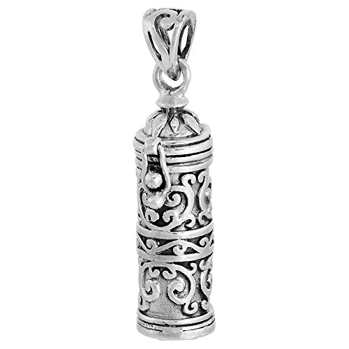 Sterling Silver Prayer Box Pendant Tubular Shape floral Design, 1.125 inch