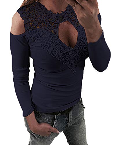 YOINS Lace Insert Tops for Women Cold Shoulder Long Sleeves Blouse Sexy Fashion T-Shirt C-Navy S