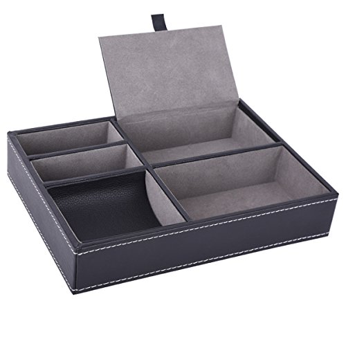 AUTOARK Leather 5 Compartments Valet Tray - Desktop Organizer for Keys,Coins,Wallet,Smartphone,Watches,Sunglasses and Accessories,Black,AW-028