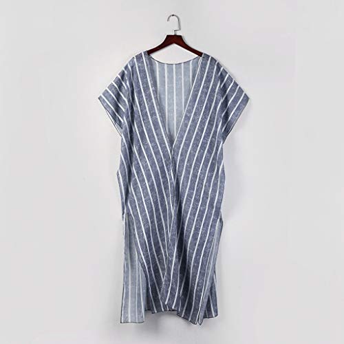 DONTAL Womens Swimsuit Cover up Beach Long Kimono Bathing Suit Striped Print Cardigan Smock Blue - Thumbnail 4