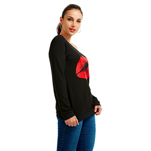 MAGICMK Women's Sexy Pullover Lips Print Casual Off The Shoulder Slouchy Shirt (L, Black+Red) - Thumbnail 4
